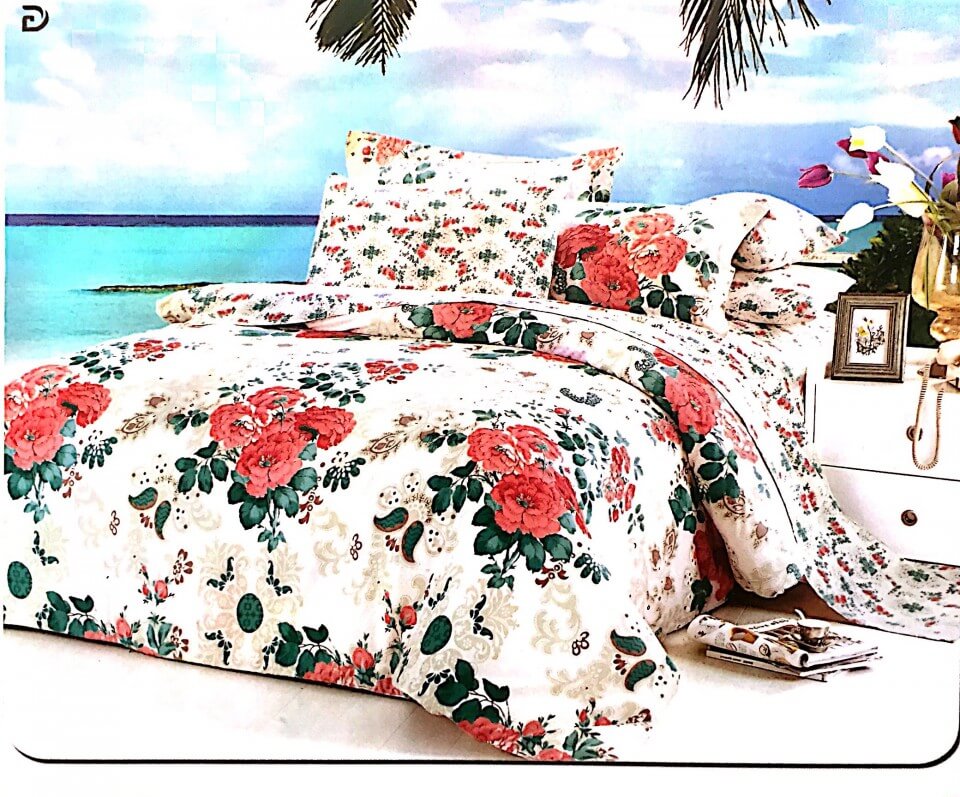 Lenjerie de pat cu model floral rosu cu verde